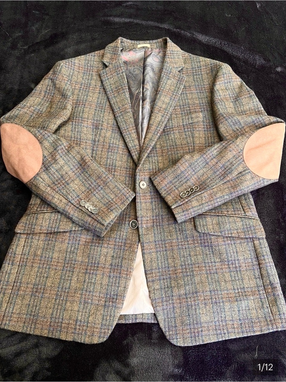 100% Wool Joseph Abboud Plaid Tweed Blue & Brown with Elbow Patches